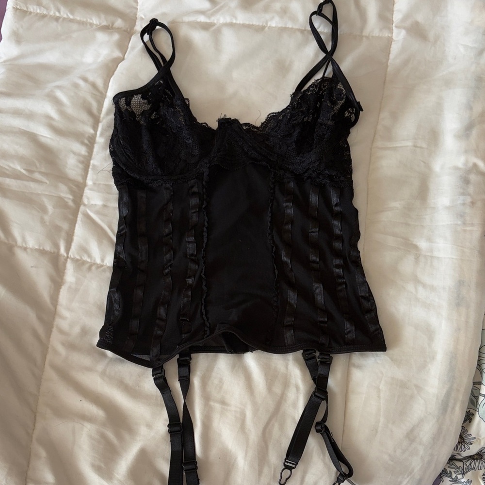 Black Lace Trim Garment with Garter Straps